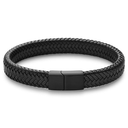 Bracciale intrecciato nero in acciaio inossidabile ed ecopelle per uomini - Bracciali in pelle
