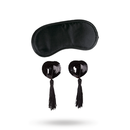 Black Satin Blindfold & Heart Nipple Pasties Kit - Sustainable Pleasure