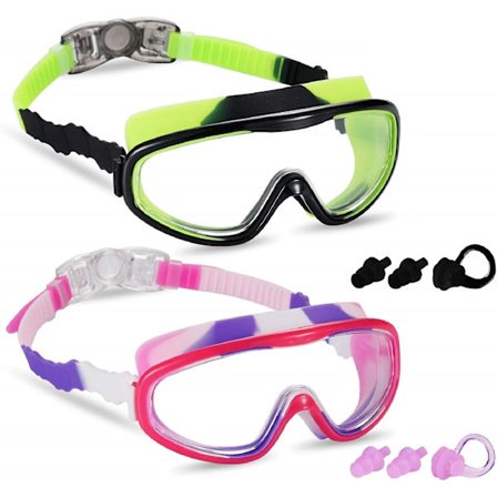 2-pakke svømmebriller for barn, svømmebriller for barn og tidlige tenåringer fra 3 til 15 år, bredt syn, anti-tåke, vanntett, UV-beskyttelse