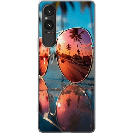 Yhteensopiva Puhelinkuori Sony Sony Xperia 5 V Aurinkolasit rannalla – Palmupuita auringonlaskussa heijastuneena linssissä