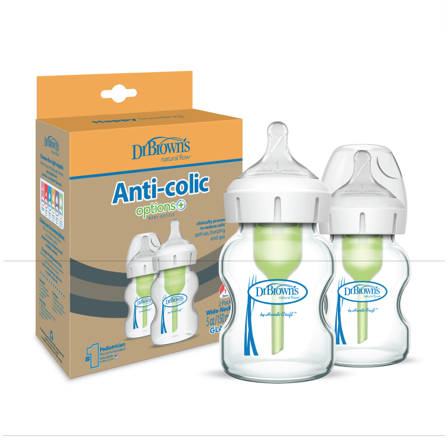 Dr. Brown's Antikolikk Wideneck Tåteflaske Glass, Str. 1, 0 mnd+, 2 x 150 ml