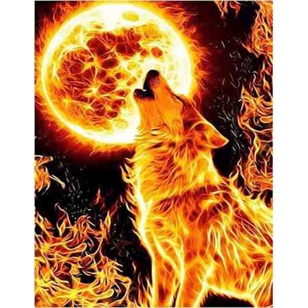 5D Diamantmålning Kit, Runda Diamant Måne Eld Brinnande Varghuvud, Full DIY Diamantmålning För Vuxna, Diamantkonst Kit, Diamantkonst Kit Vuxna, 