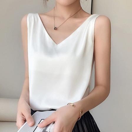 Xu V-halsad baslinne kvinnor vit siden satin linne kvinnor sommar linne vit L