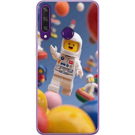 Kompatibelt Mobilskal till Huawei Huawei Y6p LEGO-inspirerad astronautfigur i rymden bland färgglada planeter, lekfull 3D-illustration för barnrum,