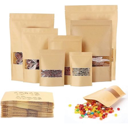 40 stk. Små Kraftposer 10X15cm Gjenbrukbare Kraftmatposer Kraftpapirposer Kraft Ziplock Matemballasjeposer med Klart Vindu kompatibel med Nøtter Mat