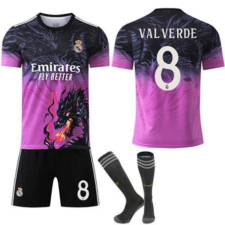 24-25 Real Madrid CF Dragon Anniversary Edition Svart Lilla Treningsdrakt NO.8 VALVERDE Trøyer Barn Voksen Fotballutstyr med Sokker