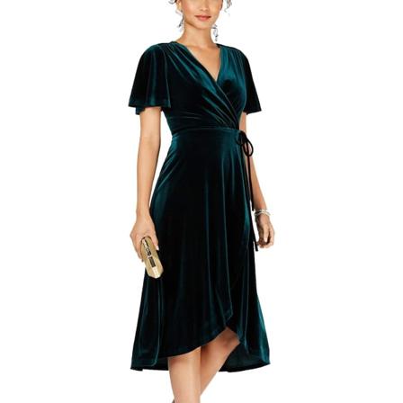 ivimos Dam Velvet Plisserad Wrap Tie Midja Elegant Flytande Fest Plus Size Midi Klänningar Mörkgrön/ Wra Liten