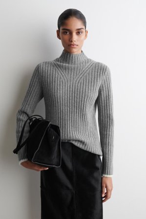 COS Women's Ribbed Wool Funnel Neck Jumper in Grey