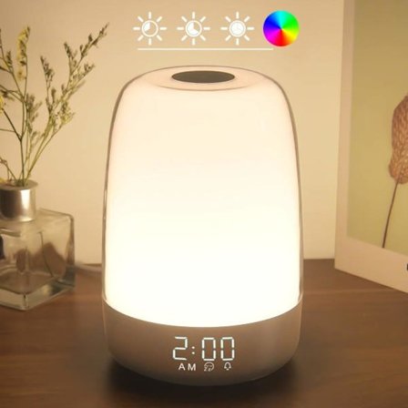 Touch Wake Up Nattlampa med Soluppgångssimulering Väckarklocka, 3-vägs Dimbar Varmvit Sänglampa RGB Atmosfärisk Bordslampa Sänglampa, Timerläge