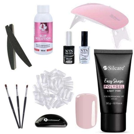 11 stk Acrylic Gel - Poly Builder Gel Kit med Led lampe - Lys rosa