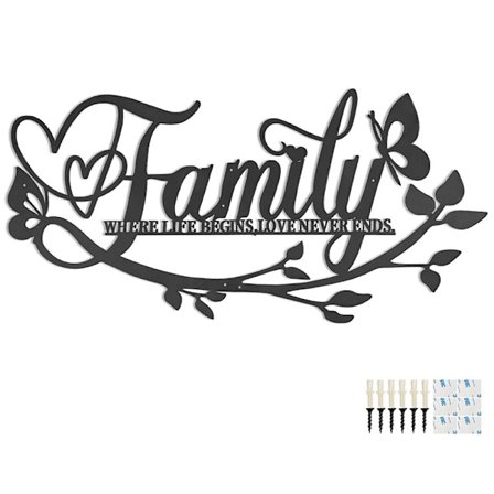 (Sort) Familie Hvor Livet Begynder Kærligheden Slutter Aldrig Ordtavle Metal Vægdekoration, Sort Boligindretning Vægkunst Dekorationer, Bogstaver 
