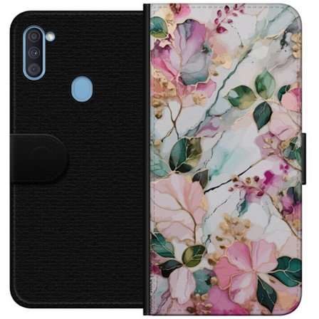 Kompatibel Tegnebogsetui til Samsung Galaxy A11 Abstrakt marmormønster med blomster, blade og gyldne detaljer i bløde pastelfarver