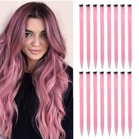 Hårförlängningar 60 cm Rakt Syntax Rosa Peruk Regnbågsfest Slingor Kvinnor Flickor Barn 16 Delar