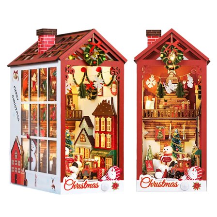 Jul Dockhus Kit 3D Trä Pussel Med Sensor Ljus Damm omslag Bokkrok Bokhylla