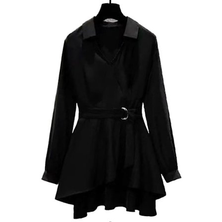 Dame Skjorte med Krave og Asymmetrisk Kant Koreansk Stil Fint Bælte V-Hals Afslappede Toppe Velegnet til Venne Sammenkomster