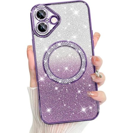 iPhone 16 Skal 6.1 Tum Skal Stöd för MagSafe, Pläterad Diamantglitter Magnetiskt Skal Skärmskydd Kameraskydd