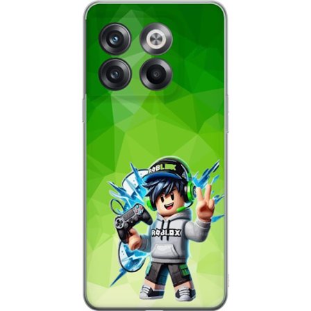 Yhteensopiva Puhelinkuori OnePlus 10T Roblox-inspiroitu pelaajahahmo, jossa on kuulokkeet, ohjain ja energiset efektit vihreää taustaa vasten