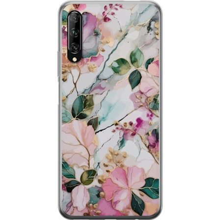 Kompatibel Mobilcover til Huawei P smart Pro 2019 Abstrakt marmormønster med blomster, blade og gyldne detaljer i bløde pastelfarver