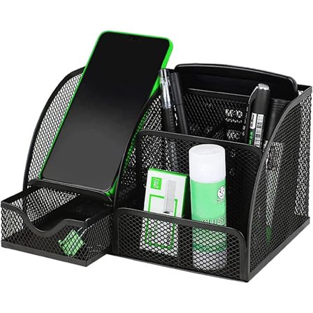 Skrivbordsarrangör, pennhållare i metallnät, pennhållare för skrivbord, kontorsmaterial, skrivbordsarrangör, skrivbordstillbehör, pennhållare med låda