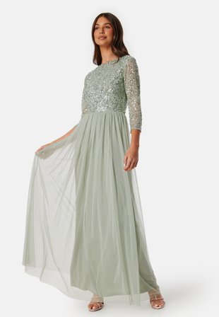 AngelEye - Sequin Bodice Maxi Dress - Sage Green - Kläder - - Bubbleroom