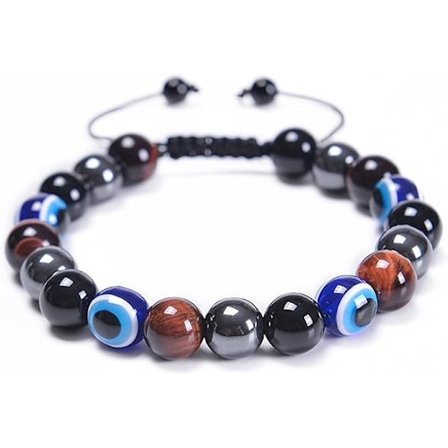 Evil Eye-armband - unisex -smycken för skydd, förmögenhet, god karma, positivitet - Snygg charm med tigeröga och obsidianstenar - 8 mm pärlor, 7" 