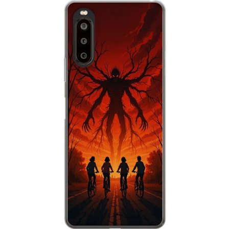 Yhteensopiva Puhelinkuori Sony Sony Xperia 10 II Tumma Stranger Things -inspiroima kauhukuvaus punaisilla taivaalla, hirviöhahmo ja pyöräilevät la