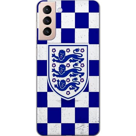 Kompatibel Mobilcover til Samsung Samsung Galaxy S21 Grafisk skakternet mønster i blåt og hvidt med et klassisk heraldisk emblem, retro-inspireret s