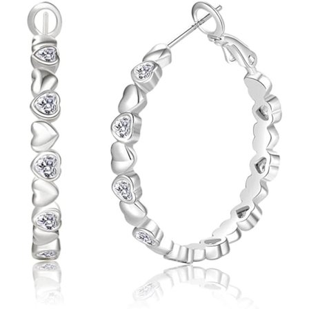 S925 Sterling Silver Örhängen Cubic Zirconia Silver Hoop Örhängen för Kvinnor Hypoallergena Lätta Hjärta Hoop Örhängen 30mm 30mm