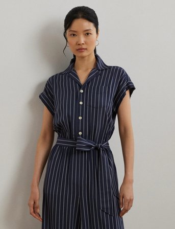 Lauren Ralph Lauren Striped Belted Twill Wide-Leg Jumpsuit - Navy - 38