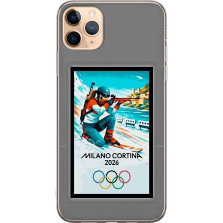 Kompatibelt Mobildeksel til Apple iPhone 11 Pro Max Retroplakat Cortina Milano 2026 med fjell, vintersportsutøvere, italienske trikolor, Milano-katedr