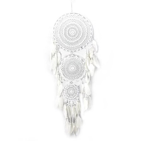 Seinälle ripustettava unelmanpyydystin 3 ympyrällä, valkoinen pitsi ja höyhenet