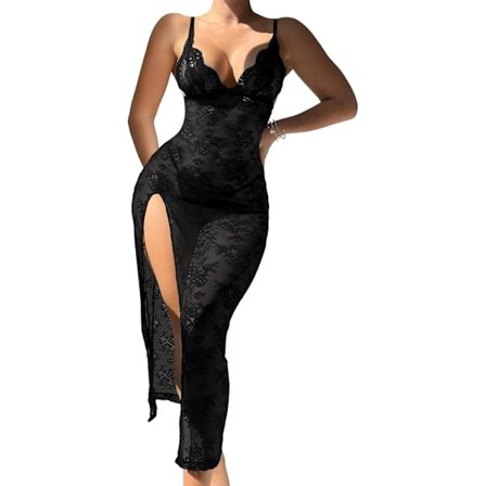 2025 Senaste Modell Sexig Delad Trådlös Transparent Blommig Spets Maxi Klänning Med Tanga 2-Dels Underklädesset Svart Medium