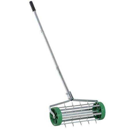 Rootz Lawn Roller - Plænelufter - Håndtagslængde justerbar - Håndbearbejdning - Pigget rulleplæne - Vedligehold haven - Grøn + Sølv - 139 x 43,5 x 15