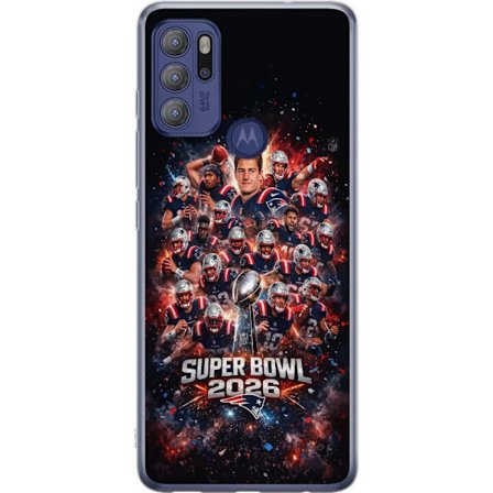 Yhteensopiva Puhelinkuori Motorola Moto G60S Super Bowl 2026 juliste, jossa New England Patriots ja NFL-mestaruuspalkinto räjähtävän urheilullisessa s