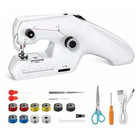 Hvid - Bærbar dobbelttråds symaskine, mini elektrisk håndholdt symaskine til voksne begyndere, nem at bruge og hurtig syning, egnet til