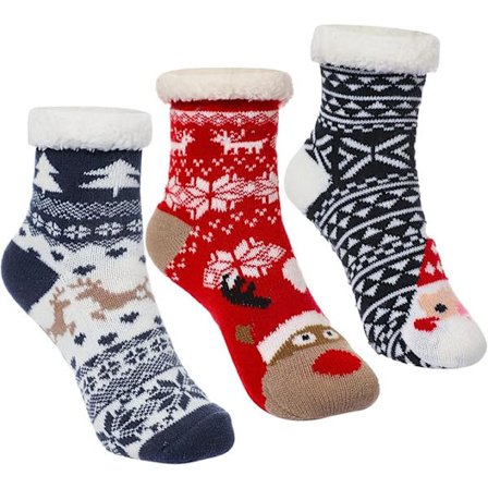 3 par tøfler for gutter, lodne barnetøfler med sklisikre grep, tykke, myke, søte barn jul_tfrf