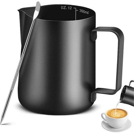 Svart Mjölkkanna Barista Kaffekanna, Metallkanna för Mjölkskumning, Mjölkkanna i Rostfritt Stål för Kaffe - 350 ml (12 oz)