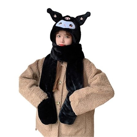 Kvinner Jenter 3 I 1 Kawaii Kuromi Plysj Lue Med Skjerf Hansker Vinter Utendørs Varme Gaver
