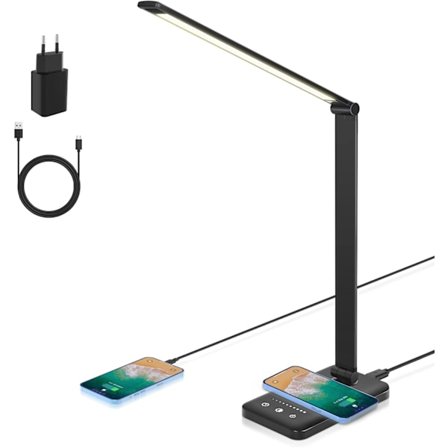 LED-skrivebordslampe, dimbar skrivebordslampe 7,5 W trådløs lading og USB-ladeport leselampe, øyebeskyttelse, 5 lysstyrkenivåer