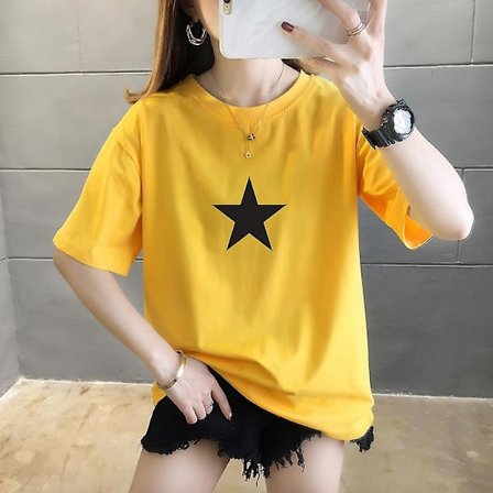 Kesän uusi puhdasta puuvillaa oleva lyhythihainen T-paita naisille, korealainen pyöreäkauluksinen painettu toppi, kullan keltainen