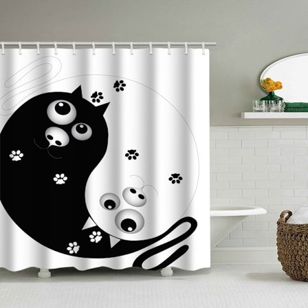 Cartoon Cat Duschdraperi, med 12 plastkrokar-F