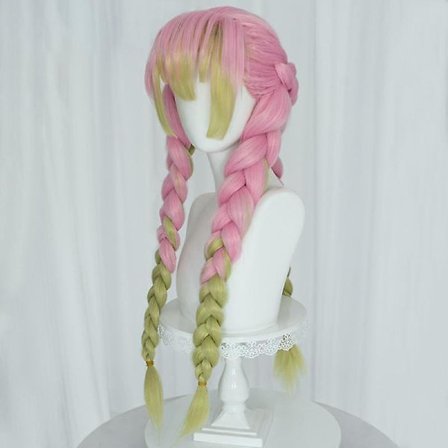 Anime vaaleanpunainen ja vihreä peruukki Mitsuri Cosplay -punottuun hiusperuukkiin letteillä Halloween-juhliin peruukki + myssy, wz-2055 (FMY)