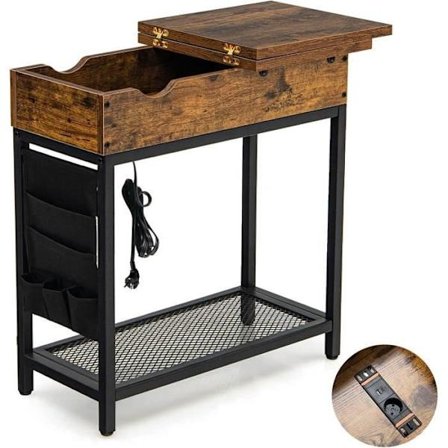 COSTWAY sidobord med eluttag, flip top, tygficka 60 x 30 x 58,5 cm Rustik brun och svart
