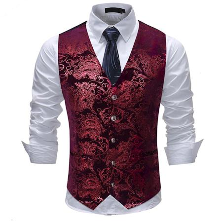 Allthemen Miesten V-pääntie printed Business Casual kulta hopea puku liivi CMK Red M