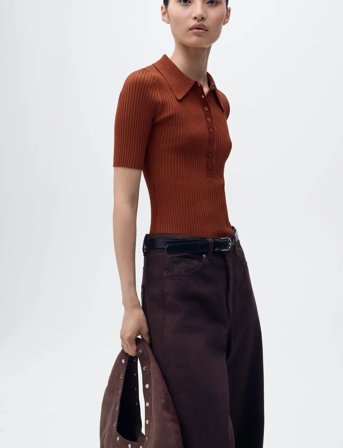 Mango Polo-Neck Ribbed Sweater - Brown - S