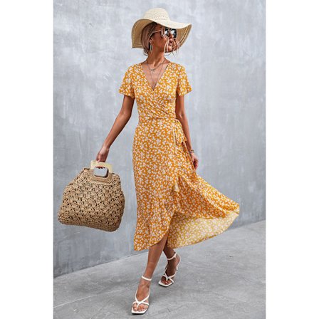 Kvinders sommer wrap floral V-hals flæse korte ærmer strand midi kjole gul