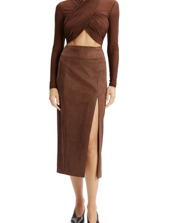 Bardot Dante Vegan Suede Midi Skirt - Brown - 34