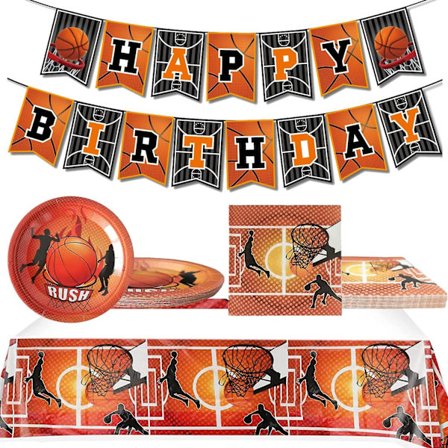 Basketball Tema Festpynt, Basketball Fødselsdagsfest Bestik Sæt Inkluderet Middagstallerkener, Papirhåndklæder, Bannere, Børn (FMY)