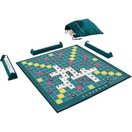Klassisk Scrabble, originalt kryssordbrettspill, engelsk versjon, familiespill for voksne og barn, ordspill for 2 til 4 spillere.