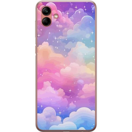 Kompatibelt Mobildeksel til Samsung Galaxy A04 Søt enhjørning med regnbuefarget hår mot en stjernebelagt pastellbakgrunn i kawaii-stil